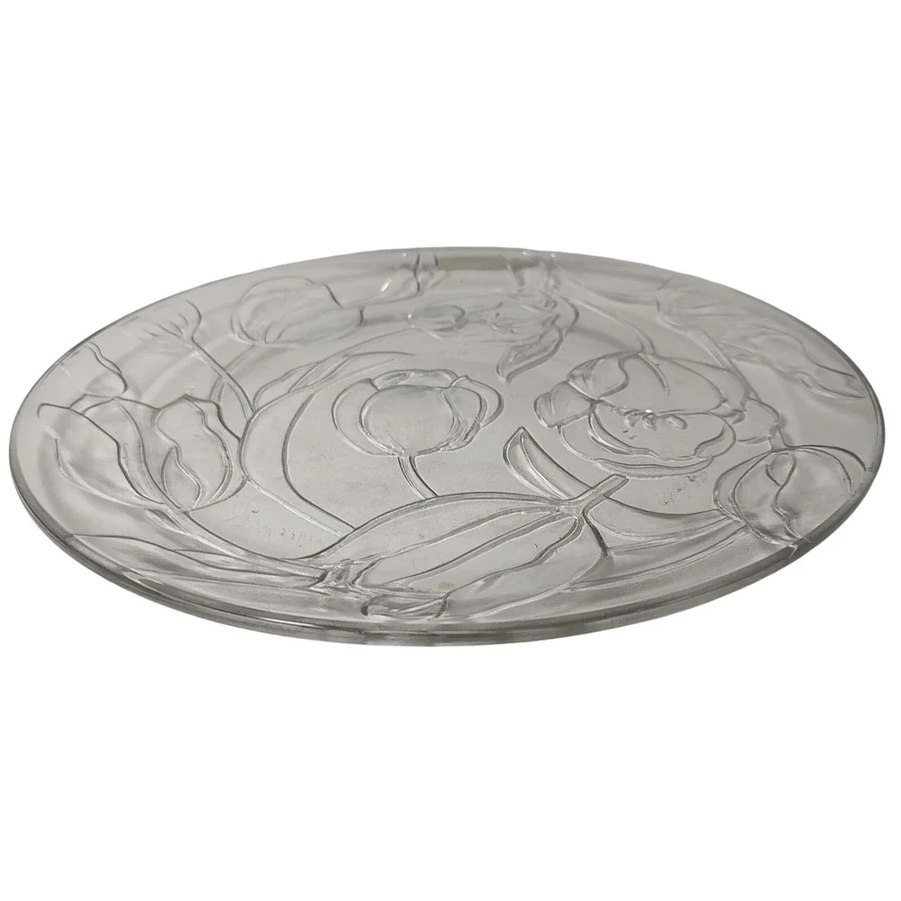 Vintage Kig Group Round Serving Platter Embossed Tulips‎ Clear Glass 13 inch SEE
